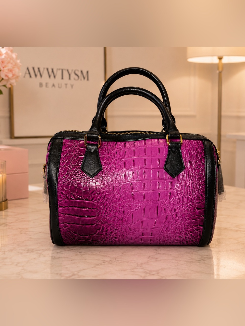 Fashion Croc Alligator Queen Bee Stripe Boston Bag Satchel- NWT-long strap too - Picture 2 of 8